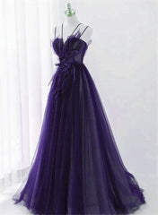 Purple Tulle with Lace Applique Long Prom Dress, Purple Long Formal Dress