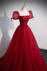 Red Tulle Floor Length Evening Party Dress, Red Short Sleeve Graduation Dress