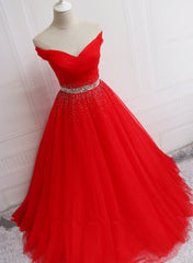 Red Tulle Off Shoulder Long Formal Gown , Red Sweet 16 Dresses