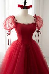 Red Tulle Short Sleeve Prom Dress, A-Line Floor Length Evening Graduation Dress