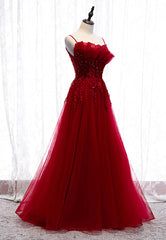 Burgundy Lace Long Prom Dresses, A-Line Spaghetti Strap Evening Dresses