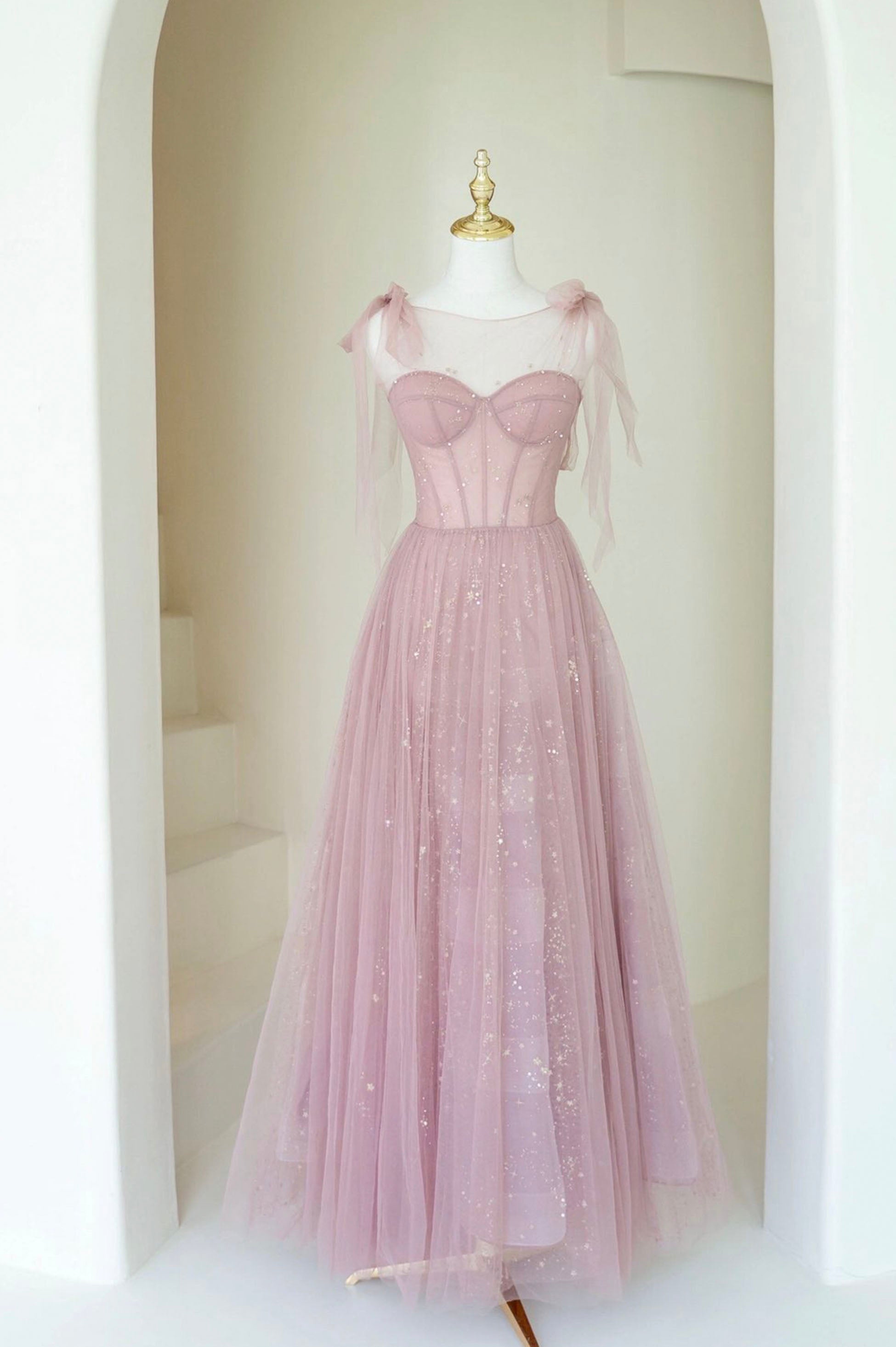 Scoop Neckline Tulle Pink Long Prom Dress, Cute A-Line Evening Party Dress