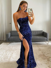 Sheath/Column Strapless Sweep Train Evening Dresses With Leg Slit