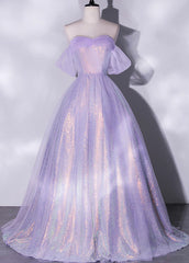 Shiny tulle sequins long purple prom dress A-line evening dress