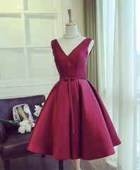 Simple Burgundy V Neck Short Prom Dress, Burgundy Evening Dress