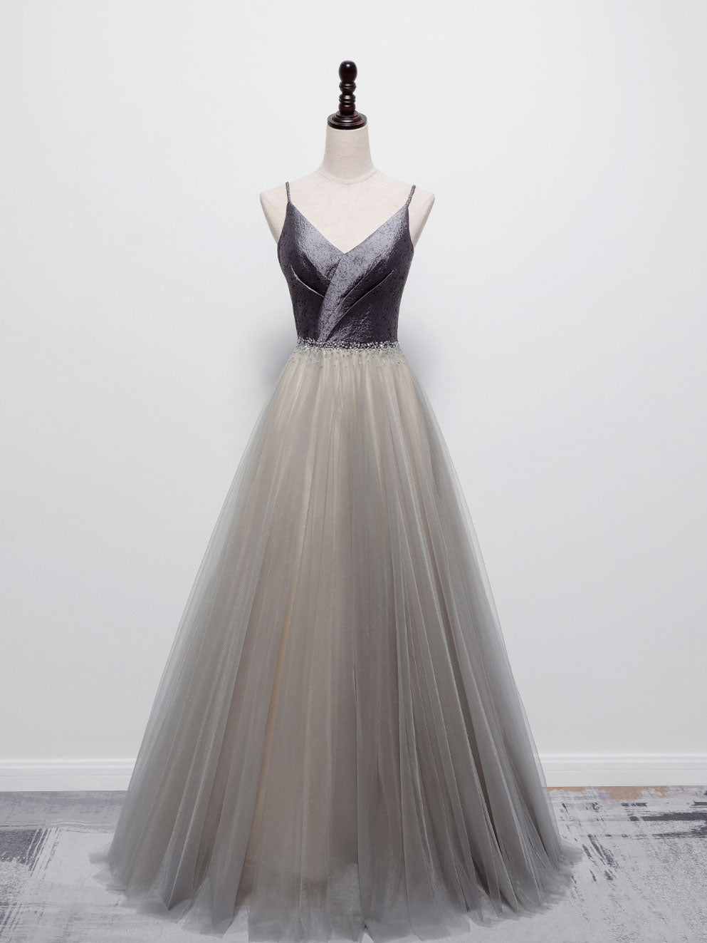 Simple Gray V Neck Tulle Long Prom Dress, Gray A line Gray Formal Dresses