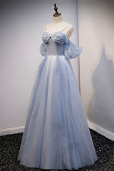 Spaghetti Straps Blue Tulle Long Prom Dress, Off the Shoulder Evening Dress