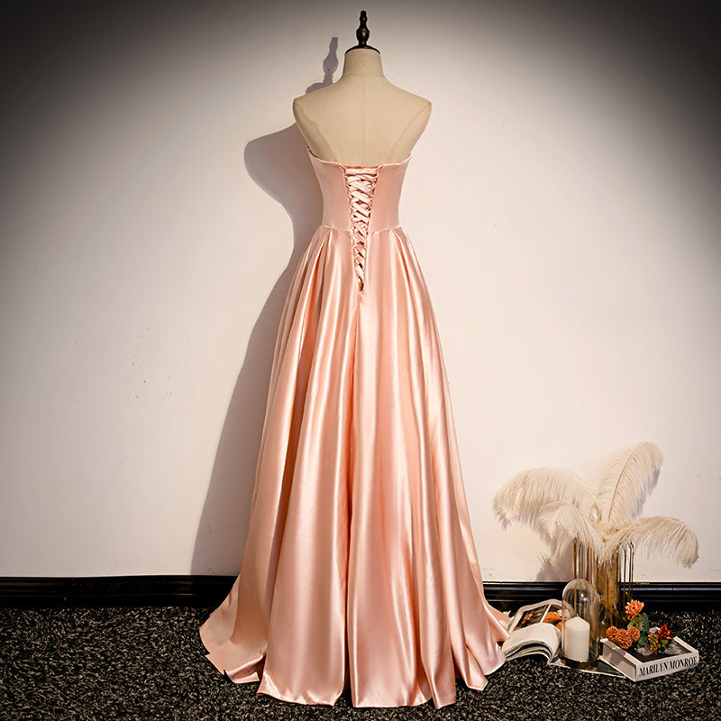strapless pink satin long party dress formal prom dress