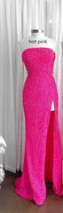 Strapless Pink Sequins Prom Dress with Slit,Sparkly White Night Dresses Party Event