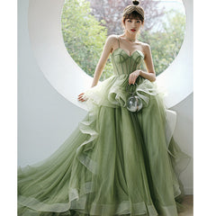 Straps sage green ball gown spring formal prom dress