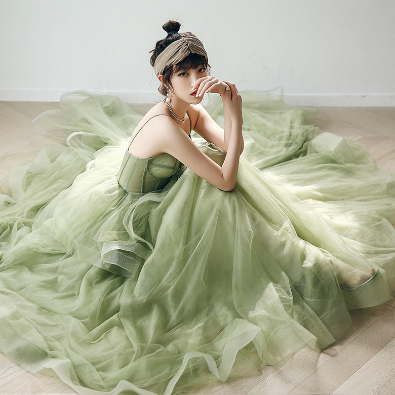 Straps sage green ball gown spring formal prom dress