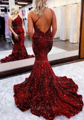 Trumpet Mermaid One Shoulder Sleeveless Long Floor Length Velvet Sequins Prom Dress