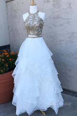 Two Pieces Lace White Tulle Long Prom Dresses, White Two Pieces Formal Dresses, Evening Dresses, Ball Gown