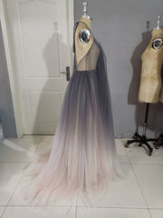 Unique A line V Neck Tulle Long Prom Dress, Tulle Evening Dress