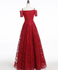 Unique Burgundy Lace Long Prom Dress, Burgundy Evening Dress