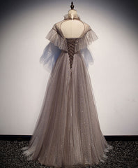 Unique Tulle Long Prom Dress, Tulle Gray Evening Dress