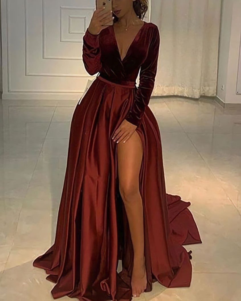 V Neckline Velvet Bodice Burgundy Prom Dress Sexy Leg Slit