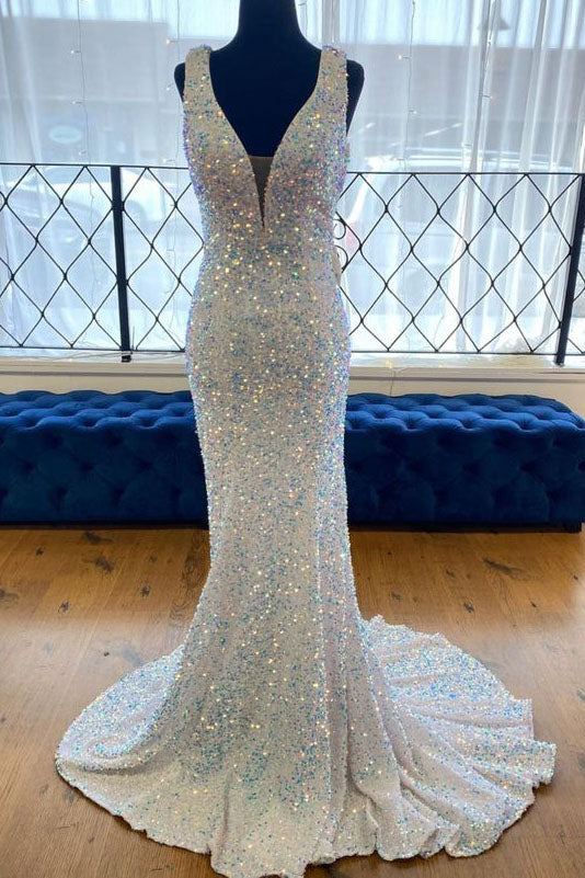 White Sequined Deep V Neck Sleeveless Glitter Prom Dress Formal Gown