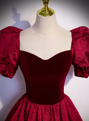 Wine Red Sweetheart Short Sleeves Long Party Dress, Wine Red Evening Dress Prom Dress