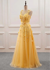 Yellow Flowers Tulle Long New Prom Dress, A-line Party Dress