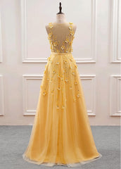 Yellow Flowers Tulle Long New Prom Dress, A-line Party Dress