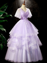 Fairy Purple Floral Floor Length Prom Dress, Beautiful V-Neck Party Birthday Dress